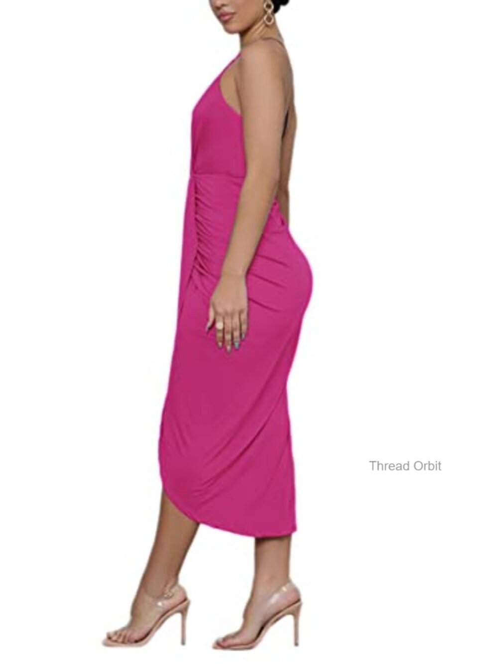 Wrap V-Neck Spaghetti Strap Midi Bodycon Dress, Ruched Slit Hem - Picture 3 of 4